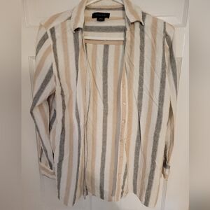 Tahari Beige and Gray Striped Button Down Shirt